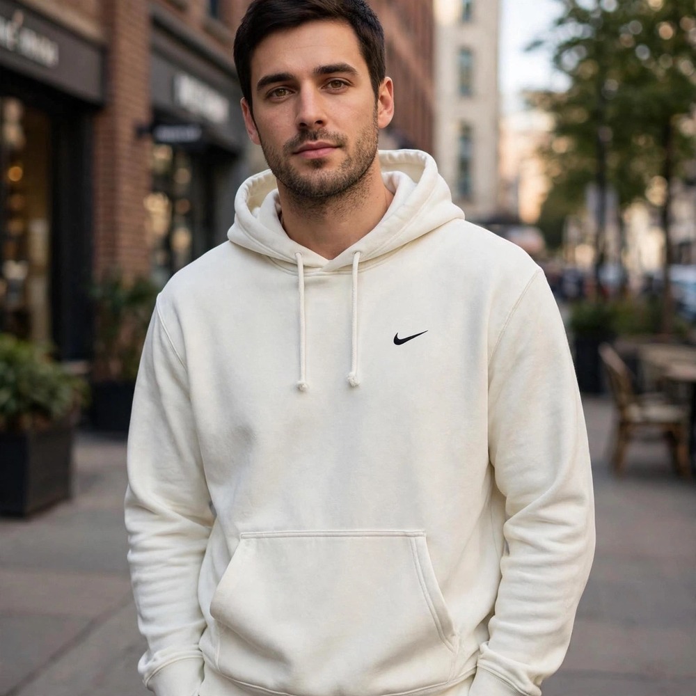Nike‎ Dri-FIT Hoodie Mens Large Cream Off-White Pullover Sweatshirt Swoosh Logo